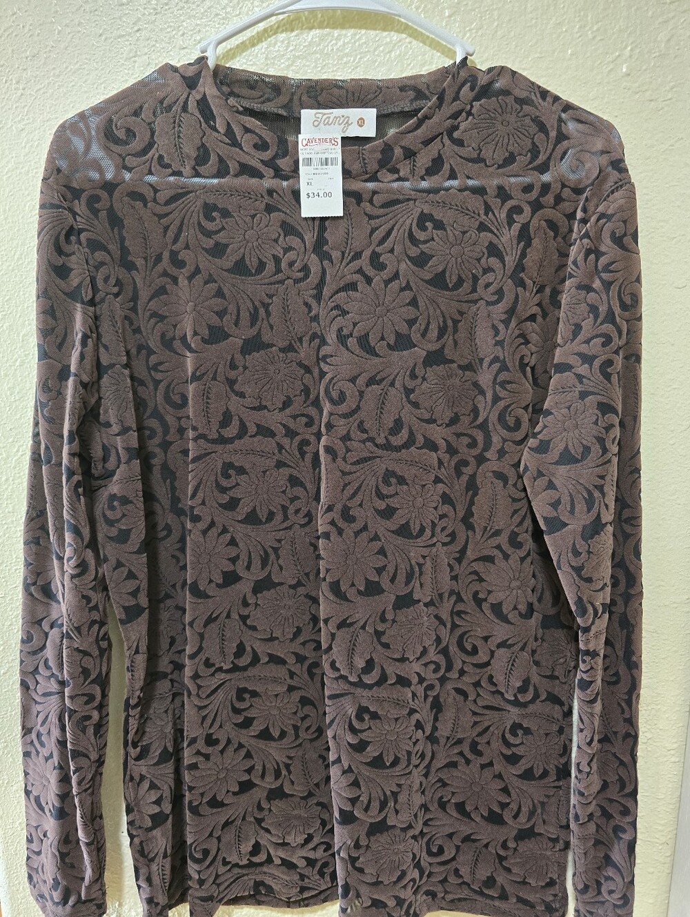 Mesh Brown Floral Burnout Long Sleeve Top